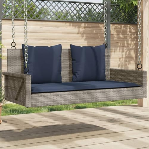 Mangloder Banc à bascule avec coussin gris en rotin synthétique 119 x 56 x 48 cm - Banc de jardin résistant aux intempéries avec dossier et accoudoirs - Siège d'extérieur pour balcon, terrasse, jardin