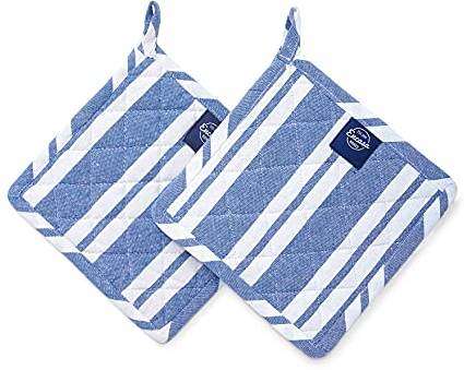 Encasa XO 21 cm Forno Microonde Potholders (2 pz Set) per cucina cucina e cottura - Resistente al calore, protezione delle mani da utensili caldi - Franca Strisce Blu