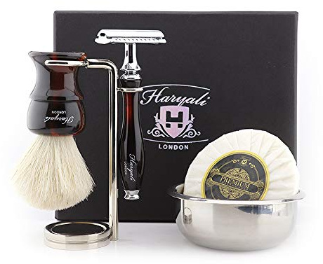 Haryali London Kit da barba – Kit da barba – 5 pezzi – Rasoio di sicurezza a doppio bordo – Pennello da barba Super Badger – Sapone da barba – Ciotola da barba – Supporto da barba – Set da barba rosso