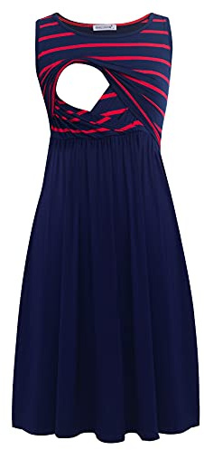Smallshow Vestito Patchwork Premaman da Allattamento con Tasche Senza Maniche per Le Donne Navy Wine Stripe-Navy XX-Large