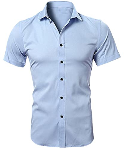 Camisa de manga corta azul de verano para hombre casual Slim Fit sólido camisas de vestir, azul claro, L
