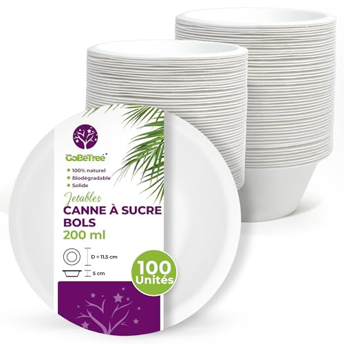 GoBeTree 100 Ciotole Usa e Getta Canna da Zucchero 200 ml. Ciotole per Salse, Dip e Aperitivi, Microonde e Congelatore, Antiscivolo e Impilabili