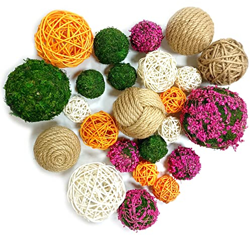 OrgMemory 24 Pcs Decorative Balls, Wicker Balls, Moss Balls, Rattan Balls, Decorative Green Balls for Wicker Rattan Balls Set Vase Bowl Filler for Home Garden Wedding Party Decor