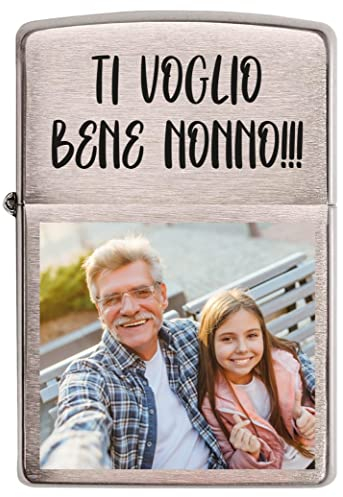 Accendino Modello Zip a Benzina - Personalizzato con Stampa di Foto, Immagine, Testo, Logo, iniziali, Nomi. Gadget Idea Regalo Originale per Natale per Lui e lei, fidanzati (Argento)