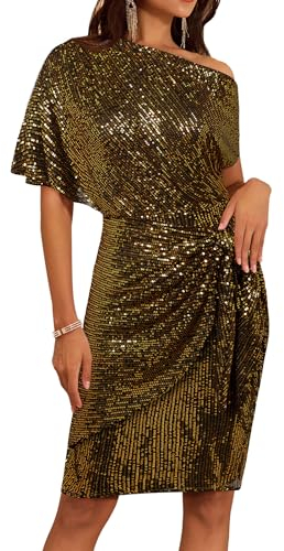 GRACE KARIN Ladies Sparkly Sequin Prom Dress Asymmetric Midi Cocktail Party Dresses for Going Out Black&Gold XL