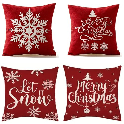 FaceYee 4 Stück Let it Snow Kissen Kissenbezug Auto Lendenwirbelkissen Bezug Weihnachten Schneeflocke 45 x 45 cm (18 x 18 Zoll) Abnehmbarer Doppelseitendruck Farbe: 03