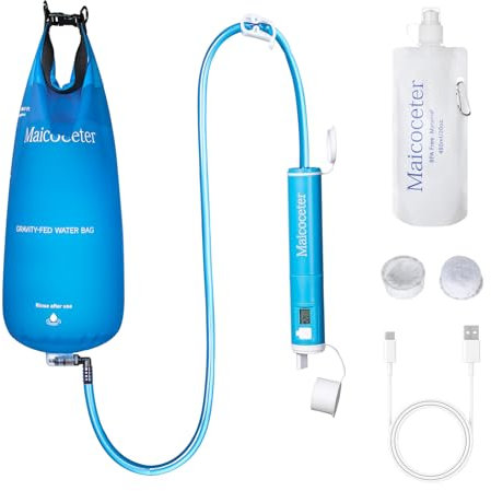 Üν Gravity Water Filter Straw with 2 Gallon Bag and LED Display, Portable Survival Water Purifier for Travel, Backpacking and Emergency, Compact Gravity Water Filtration System for Outdoor Adventures