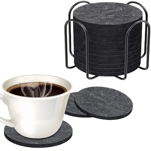 14er Set Untersetzer Gläser, Filzuntersetzer Rund, Glasuntersetzer, dunkelgraue Filzuntersetzer mit Halter, für Bar und Tischschutz