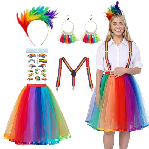 Anyingkai Gonna in tulle, arcobaleno, da donna, in tulle, per carnevale, Halloween, carnevale, feste a tema