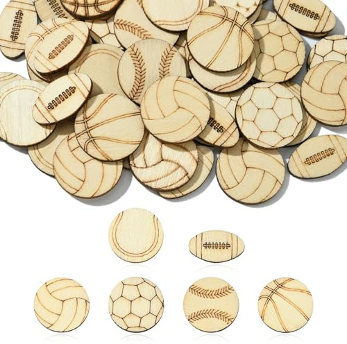 KitBeads 50 sagome in legno a forma di palla rotonda senza finitura casuali per rugby, pallavolo, calcio, ritagli per fai da te, artigianato, pittura, decorazione della casa