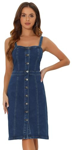 Allegra K Vestido Vaquero Casual para Mujer con Botones sin Mangas | con Escote Corazón, Elásticos de Mezclilla