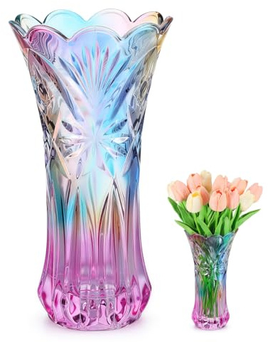 Tofficu Iridescent Glass Vase Decorative Vase for Flowers and Plant Container Desktop for Home Dining Table Desk and Shelf Decor Gift for Friends 9.45 X 4.92 X 4.92 in