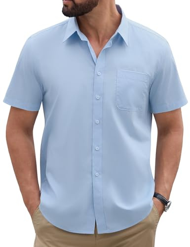 TOMEEK Chemise Homme Manches Courtes Été Boutonnée Chemisette pour Homme Unie Coton Régulière Coupe avec Poche Chemises Slim Fit