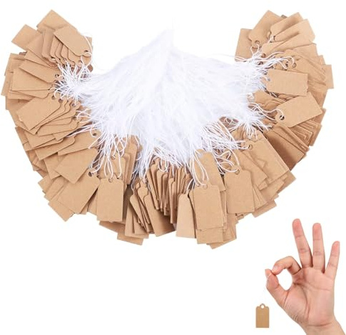 YUZHEDM 400 stycken för prislappar, 2,5 x 1,5 cm, med kraftpappersnodd för priser, presentetiketter med tråd, hängande etiketter, kläder, display, prislapp