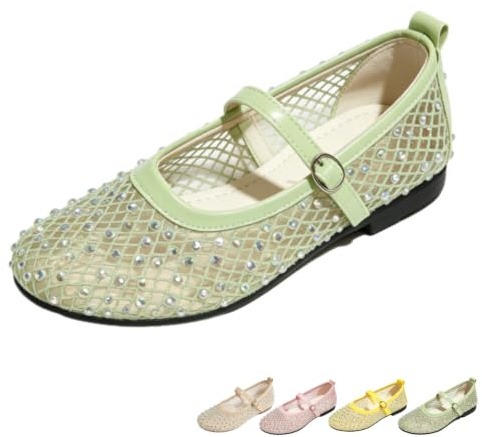 Zapatos planos de ballet de malla con diamantes de imitación para mujer, zapatos Mary Jane para bodas, fiestas, vacaciones, uso diario, Green, 39 EU