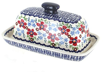 Blue Rose Polish Pottery - Red Poppy Butter Dish - Fits 1 Stick - Butter Dish for Countertop Organization and Storage