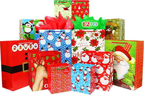 Fzopo Christmas Bags Bulk Set Includes 4 Extra Large 4 Large 4 Medium with Gift Tags Christmas Print Gift Bags Assorted Sizes for Wrapping Holiday Gifts (12 Designs)