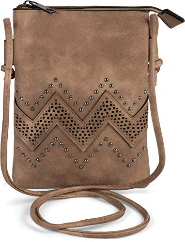styleBREAKER Damen Mini Bag Umhängetasche mit Zick-Zack Cutout und Nieten, Schultertasche, Handtasche, Tasche 02012211, Farbe:Braun