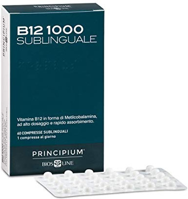 BIOS LINE Principium B12 1000 Sublinguale, Vitamina b12 in forma attiva contro stanchezza e affaticamento, Integratore sistema immunitario, Integratore vitamina b12 vegano, 60 compresse