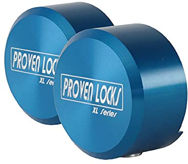 Proven Industries Puck Lock Set, Model 400XL, 2-Pack, Hidden Shackle, Keyed Alike, 6061 Solid Aluminum, Shackle Opening 1 3/4 x 1 3/4 x 7/8 in, Depth 1 1/4 in, Made in USA, Blue