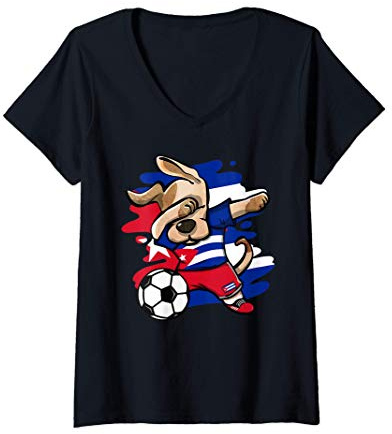 Donna Divertente Dabbing Cane Cuba Calcio - Bandiera Cubana Sport Maglietta con Collo a V