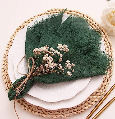 Juego de 12 servilletas de Tela con Flecos, 100% algodón Suave Natural, servilletas de Gasa Lavables para decoración de Bodas, cenas, Fiestas, Color Verde Oscuro