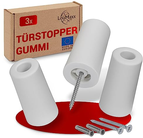 LouMaxx Türstopper Boden aus Gummi - Bodentürstopper Ø 40 mm x 75 mm - Zum Schrauben - Zuverlässiger Schutz Gegen Anschlagende Türen - 3er Set in Weiß