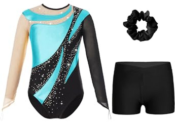 CHICTRY Kids Girls Gymnastics Leotard Rhinestone Mesh Long Sleeve Jumpsuit Tumbling Bodysuit with Dance Shorts Hair Band Set