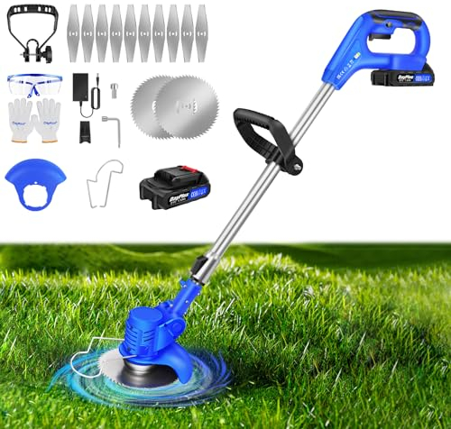 Coupe Bordure sans Fil avec Batterie et Lames avec Poignée Réglable, 21V Débroussailleuse Electrique sans Fil, Tête Pivotante, Tondeuse à Gazon, pour la Coupe de Jardin, Pelouses et Terres Agricoles
