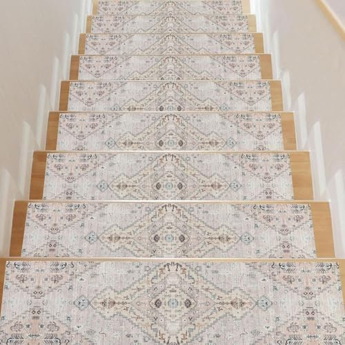 Homcomodar 15PCS Alfombras de Escalera 76x20cm Beige Peldaños de Mader Antideslizante Alfombra de Goma para Escaleras Peldaños Autoadhesivos para Niños Ancianos y Mascotas