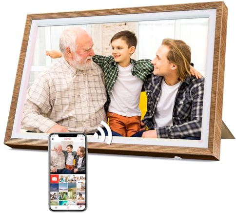Cadre Photo Numérique 32 Go 10,1 Pouces WiFi Écran Tactile Cadre Photo Numérique HD 1280x800 IPS, Rotation Automatique, Partagez Vos Photos, n'importe où Via l'application Frameo/Uhale,Couleur Acajou