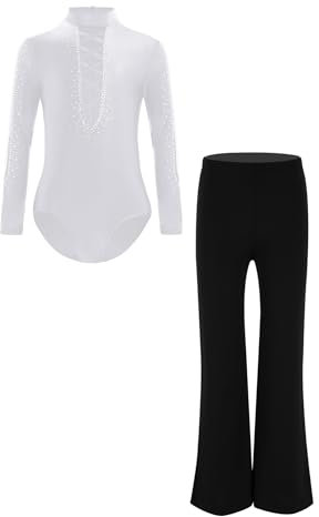 iEFiEL Jungen Glitzer Latein Hemd Langarm Tanzbody mit Hose Tango Rumba Hemd Bodysuit Jumpsuit Turnier Shirt Tanztrikot Dancewear Weiß 158-164
