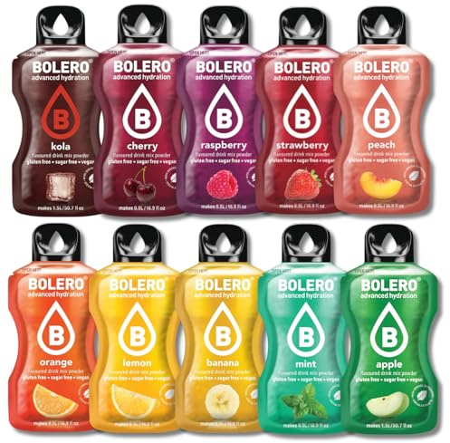 BOLERO Classiques - Assortiment 10 sticks de poudre aromatisante sans sucre | Parfums classiques - 1 stick de 9 g pour 4 litres d'eau - Édulcoré à la stevia - Sans conservateur ni colorant artificiel