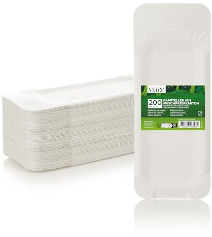 Vaily Pappteller mit Anfasser 8 x 21 cm Eckig 200er Pack für Bratwurst - Einwegteller, Einweggeschirr, Wurstpappen für Grillpartys, Geburtstag und Partys, Weiß