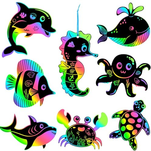 48 Scratch Carte da Grattare Animali Marini Art Colorate con Corde e Stilo in Legno, Fogli Arcobaleno da Grattare per Decorazioni Festa, Lavoretti Creativi e Regalo, 8 Animali