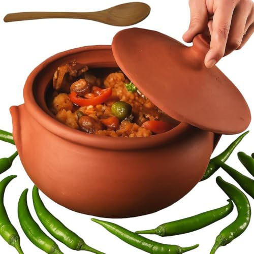 Earthenware Clay Mud Eathern Terracotta Cooking Pot Pottery Cazuela Cookware with Lid Natural Stovetop Stove Top Stone Stew Rice Unglazed Mexican Indian Kitchen Oven Terra Cotta Handcrafted