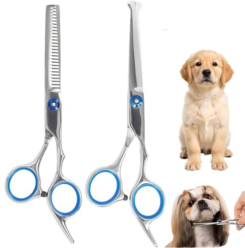 GNALIA Ciseaux Toilettage Chien 2 Pièces Bleus, Set Professionnel Ciseaux Courbés Et Effileurs Pointe Ronde, Pour Chien Et Chat Avec Peigne
