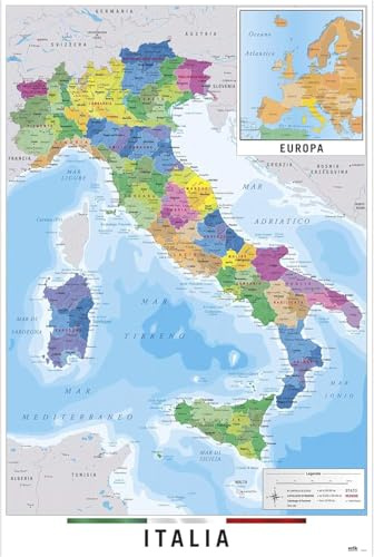 KUSTOM ART Italiens geografiska regioner glänsande papper 90 x 60 cm ramlös väggdekoration affisch