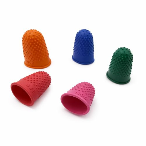Rubber Finger Thimbles Set of 5 – Reusable Thimble Pads in Mixed Sizes and Colours – Flexible Finger Protectors for Hand Sewing, Crafts, Paperwork, Money Counting and Grip Support