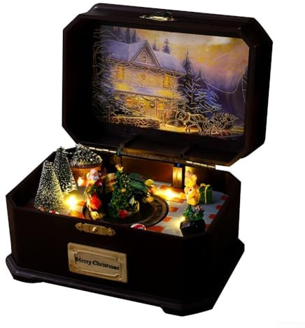 ZiStarlilife Caja de música giratoria luminosa, decoraciones navideñas alimentadas por USB con melodías melódicas, centro de mesa de vacaciones de brillo suave para fiestas en casa, familia, marrón