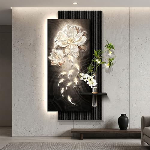 Arte de Pared 3D LED de Arenisca Texturizada, Diseño Floral y Nueve Peces, Alimentación Enchufable, Jarrón de Vidrio con Planta Artificial(50x100cm(19.7x39.4in),A)
