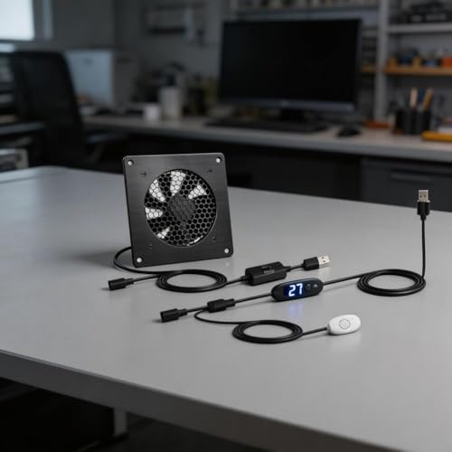 Moliuoly USB-fläkt med justerbar temperaturkontroll, 0–60 °C, tyst 3-växlad fläkt av aluminium för AV-skåp, växthus och djurinhägnad, hållbart kullager, svart, 80 mm
