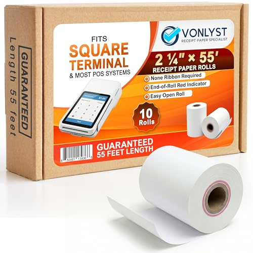 Square Terminal Paper Rolls 2 1/4 x 55' – Vonlyst BPA Free Thermal Receipt Paper for Square Credit Card Machine POS Printer, 10 Pack