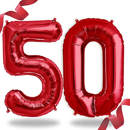 Folienballon Zahl in Rot- Riesenzahl 100cm Ballon - Folienballons für Luft oder Helium als Geburtstag, Hochzeit, Jubiläum oder Abschluss Geschenk, Party Dekoration (Rot [ 50 ])