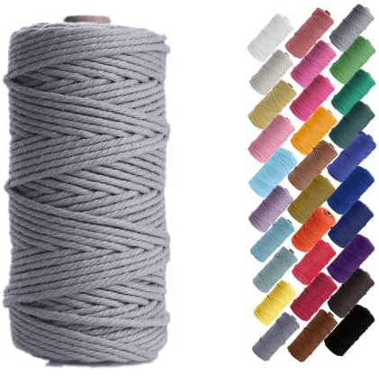 Binwat 3mm x 100m Natural Cotton Cord Yarn for Macrame, Wall Hangings, Plant Hangers, DIY Crafts, Home Decorations, Gift Wrapping (Grey)