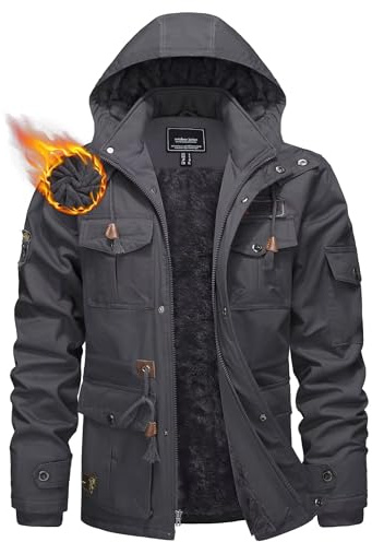 KEFITEVD Huvtröjor för män i varm fleece, jacka med 5 fickor, tjock cargojacka med huva, Mörkgrått, XL