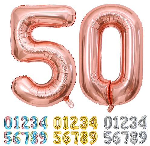 Ponmoo Foil Balloon Number 50 Rosegold, Giant Numbers 0 1 2 3 4 5 6 7 8 9 10-19 20-29 30-39 40-49 50-60-70-80-90-100, Large Balloons for Wedding Anniversary Birthday Party Decoration