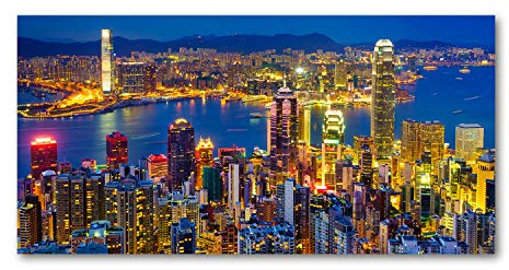 Tulup Impresión en Vidrio - 100x50cm - Cuadro Pintura en Vidrio - Cuadro en Vidrio Cristal Impresiones - Los espectáculos y la Arquitectura - Amarillo - Hong Kong de Noche