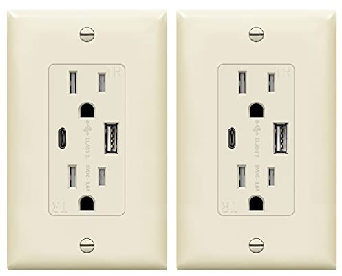 TOPGREENER 2-Port USB Outlet, Type C USB Wall Outlet, 15 Amp TR Receptacle Plug, Charging Power Outlet with USB Ports, Wall Plate Included, TU21536AC-LA-2PCS, Light Almond, 2 Pack