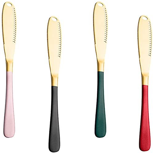 Goeielewe 4Pcs Stainless Steel Butter Knife Spreader with Holes for Cold Butter, Serrated Edge 3 in 1 Curler Slicer Spreader for Cheese Jam, 8 Inch - Multicolor